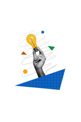 Vertical composite photo illustration collage of human hand hold lamp generates creative business...