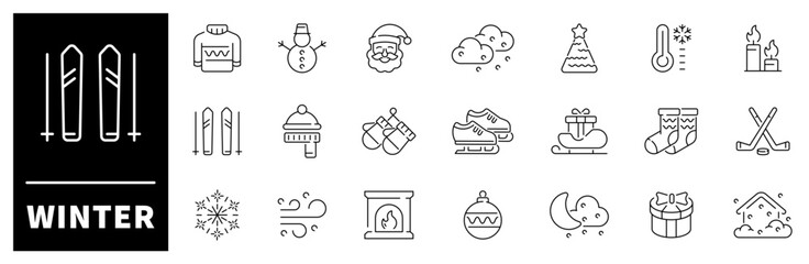 Winter cozy celebration cold weather vector outline icon set. Warm and festive elements
