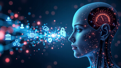 Digital Brain Interaction Representing AI and Information Security.AI-Powered Data Exchange Between Digital Humans in Cyber Space