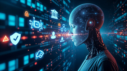 Digital Brain Interaction Representing AI and Information Security.AI-Powered Data Exchange Between Digital Humans in Cyber Space.