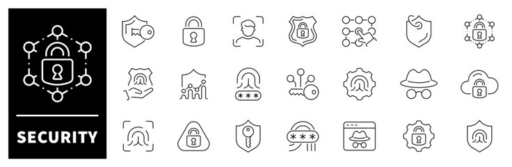 Account security vector icons. Account security icon set. Protection, account, data protection, secure, security, privacy, account security related icons. Thin line icons, editable stroke
