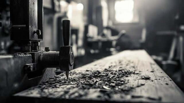 Black and white image of a woodworking machine in operation