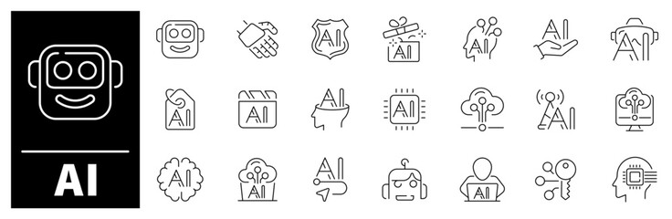 Artificial intelligence vector icons. AI icon set. Artificial intelligence thin line icons collection.  Artificial, intelligence, computing innovation related thin line icons