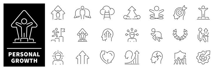 Personal growth vector icons. Personal growth thin line icons collection. Career, progress, coaching, business people, training, professional, development, knowledge, personal growth related icons