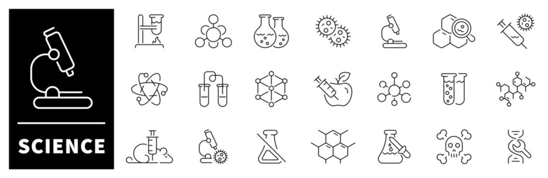 Science vector icons. Science thin line icons collection.  Scientific, education, school, knowledge, biology, laboratory, experiment, scientist, research, physics, chemistry, Science related icons