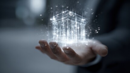 A stunning image of futuristic digital hologram of a bank building floating above a person's hand, symbolizing modern finance and technology innovation.