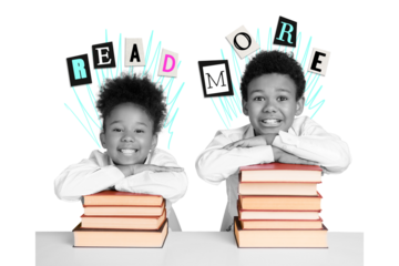 Creative collage of two black white colors kids pile stack book read more isolated on yellow background