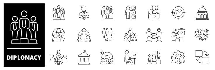 Diplomacy vector icons. Diplomacy thin line icon collection. Political summit, diplomatic, politics, debate, conference, meeting, diplomatic icons