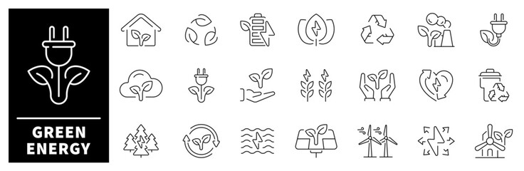 Green energy vector icons. Green energy thin line icons collection. Renewable energy, ecology, electricity, recycling, eco, environment.