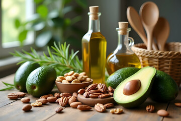 Still Life Composition Featuring Ripe Avocados, Assorted Nuts, and Olive Oil Bottles on a Rustic Wooden Surface, Accented by Greenery and Wooden Utensils