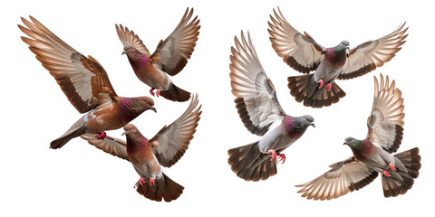 Obraz premium Three Brown Pigeons in Flight with Wings Spread, Isolated on Transparent Background PNG