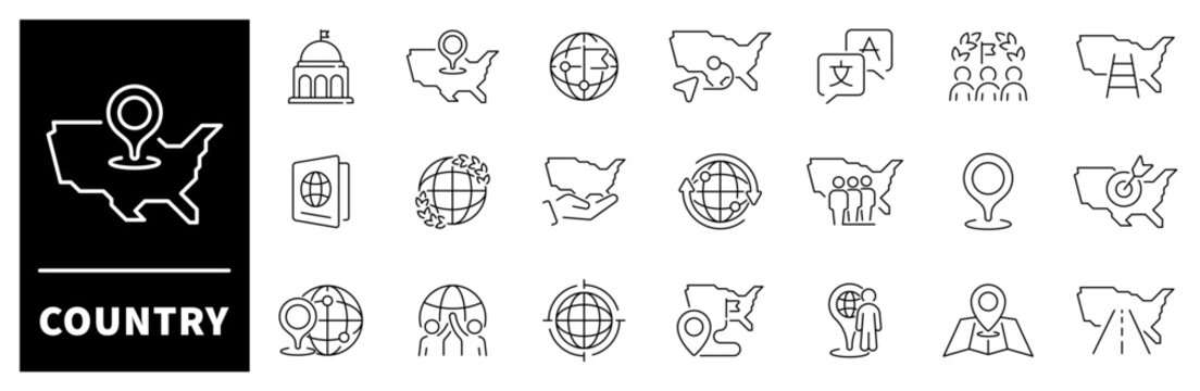 Country vector icons. Country concept thin line icons collection. Globe, earth, world, national, language, passport, citizen, migration, country related icons.