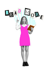 Vertical collage picture of amazed black white gamma girl hold book point finger read more isolated on yellow background