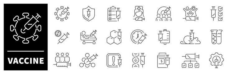 Vaccine vector icons. Thin line vector icons related to vaccination and medicine. Medical Syringe, Quality Certificate, healthcare, medication