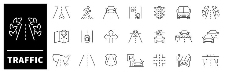 Traffic vector icons set. Symbols with traffic lights, road network, city street, traffic jam and pedestrian crossing related icons.  Thin line traffic icons collection.