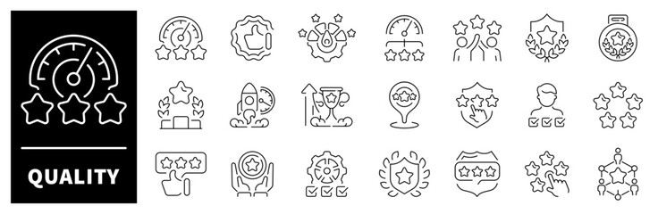 Quality vector icons. Quality icons set in line style. Stars, rating, mark, quality control, checklist, analysis, business, feedback, Quality related icons
