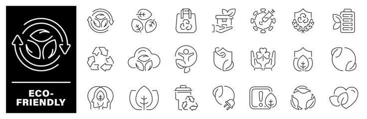 Eco friendly vector icons. Eco friendly icons set in line style. Sustainability, environment, ecological, recycling, green, organic, eco related icons