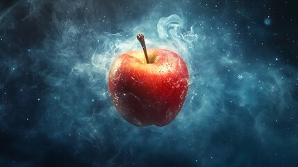 Floating apple surrounded by mist and smoke.
