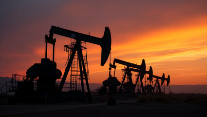 Striking Silhouette of Oil Pumps Against a Fiery Sunset, A Powerful Visual Metaphor for Energy Production and the Balance with Environmental Concerns