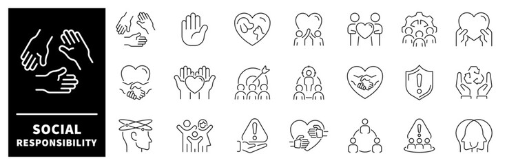 Set of thin line icons related to corporate social responsibility. Core values, impact, trust, support, care, social response