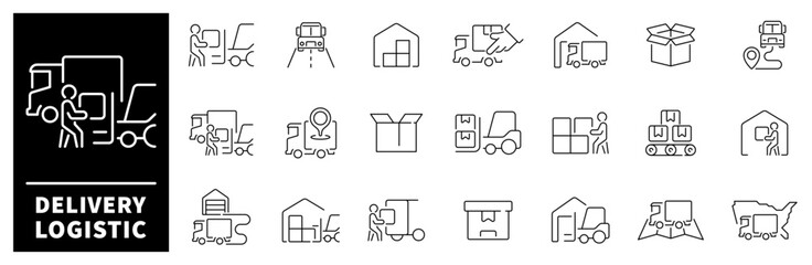 Delivery logistics vector icons set. Distribution, shipping, transportation, delivery, cargo, freight, route planning, supply chain, export and import icons