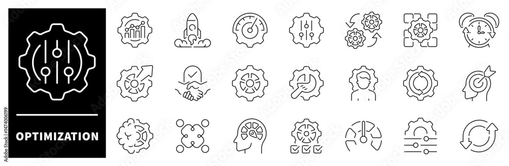 Poster optimization vector icons. set of thin line icons related to optimization. process, automation, prod