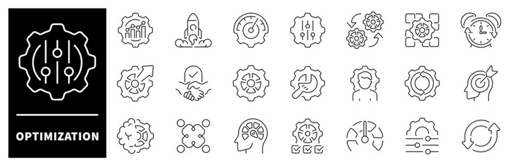 Optimization vector icons. Set of thin line icons related to optimization. Process, automation, productivity, performance, process, management, optimization icons
