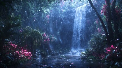 Fototapeta premium Mystical jungle scenery with cascading waterfall and vibrant tropical flora