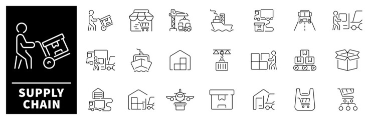 Supply chain vector icons set. Set of thin line icons related to supply chain and logistic. Logistic, delivery, manufacturing, shipping, transportation, distribution