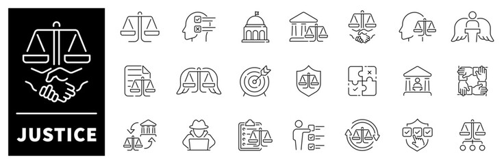 Justice vector icons. Thin line icons set related to justice and law.  Law, judgement, justice, court legal, lawyer, criminal, Justice Scales