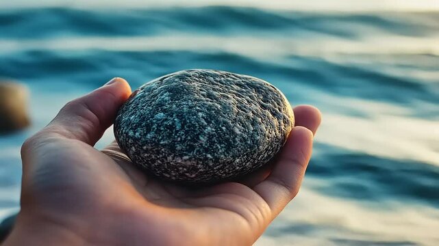 A person holding a smooth stone by the ocean's edge during sunset, waves gently lapping
