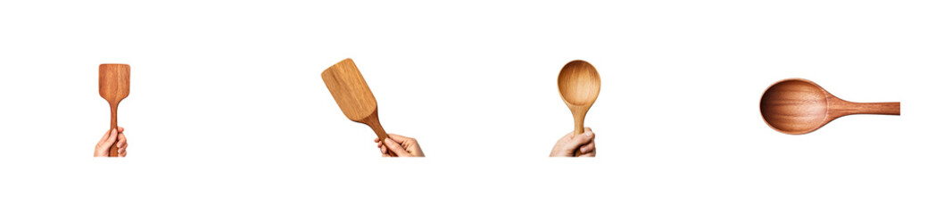 Four various wooden utensils, kitchenware, cooking tools, cut out transparent