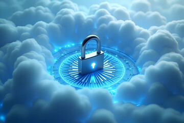 Stylized 3D Animation, Digital Lock Rotating Amidst Ethereal Clouds, Symbolizing Cloud Security and Data Encryption with a Touch of Futuristic Technology