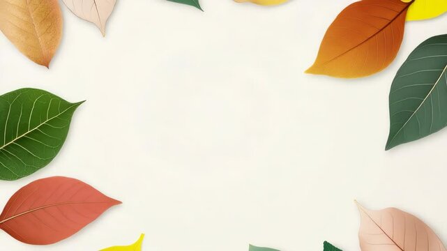 A white background with a frame of leaves in various colors. The leaves are arranged in a circle, with some overlapping and others standing alone