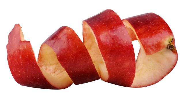 Red apple with spiral peel isolated on transparent background cutout