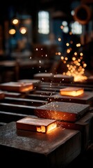 Intense metalworking process with glowing hot metal in workshop