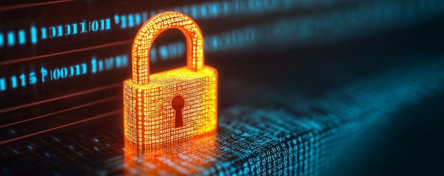 Digital padlock with binary code background representing cybersecurity. Digital literacy privacy concept.