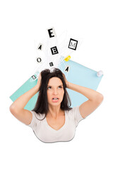 Vertical collage picture of unsatisfied angry girl arms pull hair head letters disorder isolated on...