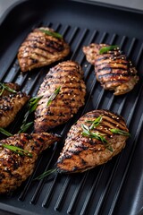 Grilled teriyaki honey ginger chicken breast on a grill pan with green onions