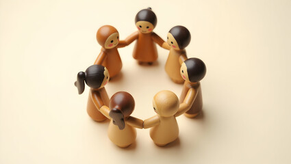 Obraz premium Symbolic unity, a circle of six wooden figurines embodies diversity and togetherness, representing community, collaboration, and harmony through their interconnected hands