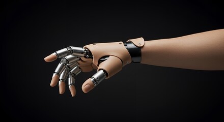 Futuristic prosthetic arm extending forward, showcasing advanced technology and innovation in robotics and medical advancements against a dark background.