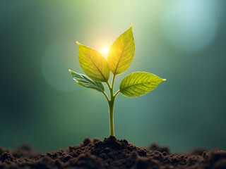 The optimistic emergence of a tender sprout from rich earth, symbolizing growth, hope, and the resilience of nature in gentle sunlight