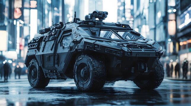 A futuristic armored vehicle patrolling a sci-fi city, no text or logos