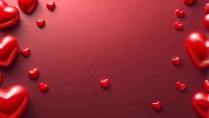 A digital illustration featuring a glossy, red background with a gradient effect, Scattered across the left and right edges are numerous three-dimensional.