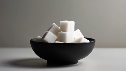 Black Ceramic Bowl Filled with White Sugar Cubes Against a Neutral Background