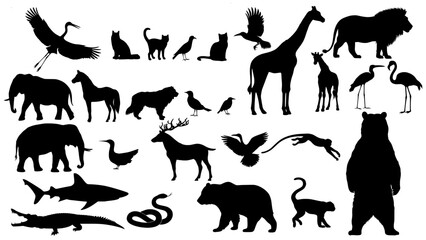 Wild animals silhouettes set, Birds, Animals, Fish
