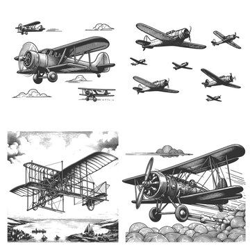 airplanes Set collection bundle sketch engraving generative ai raster illustration. Scratch board imitation. Black and white image.