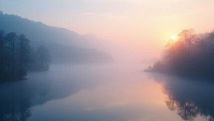 Obraz premium Tranquil River at Dawn, A Serene Landscape of Misty Waters, Gentle Sunlight, and Reflective Surfaces Creating a Peaceful and Ethereal Ambiance