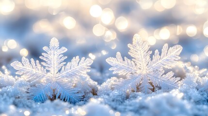 Close-up view of intricate snow crystals on a snowy ground.