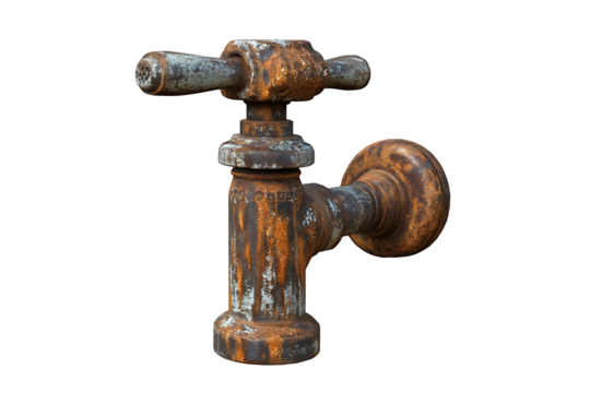Heavily weathered old faucet aged through extensive rust damage on transparent background